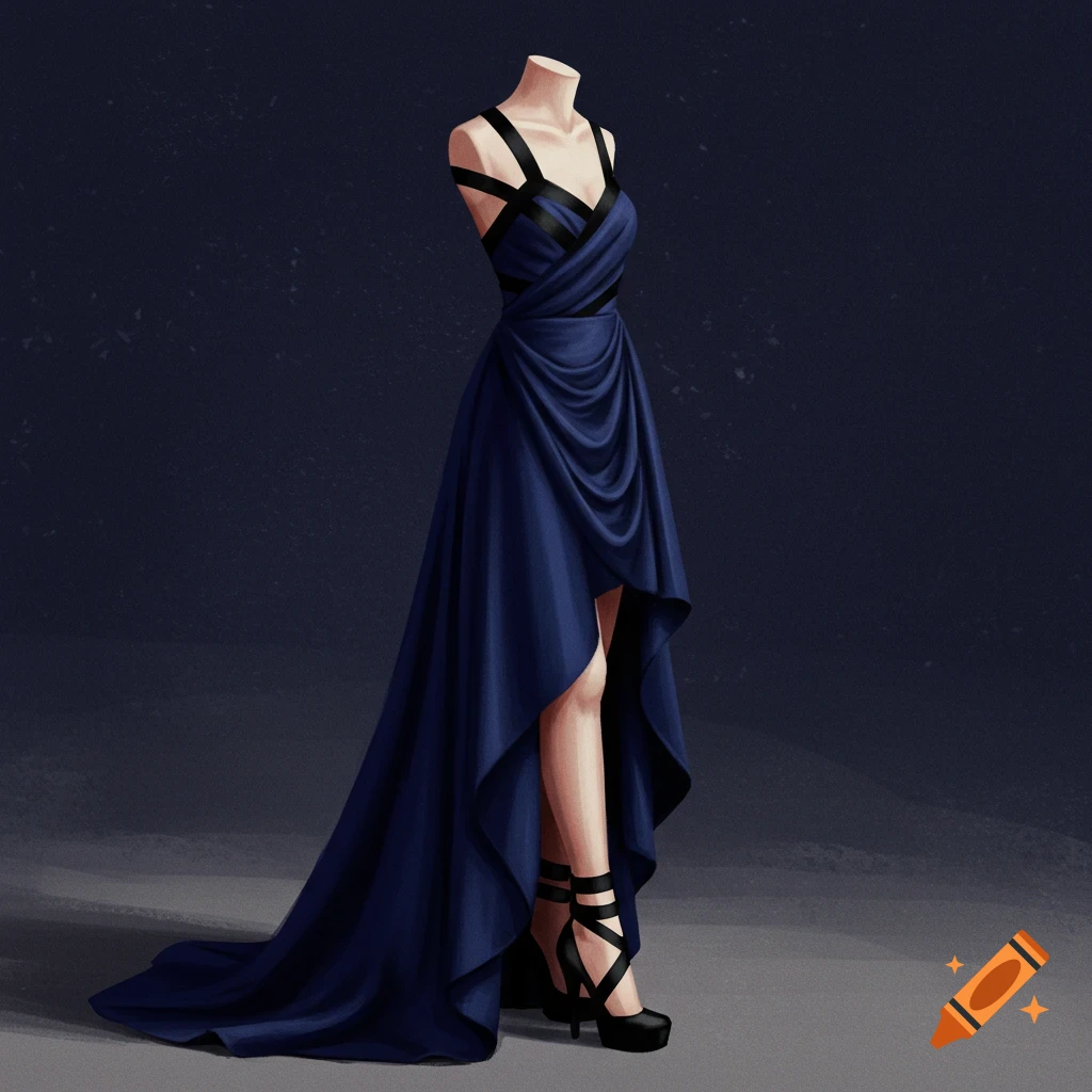 A mannequin wearing a navy blue high-low dress with black strap details.
