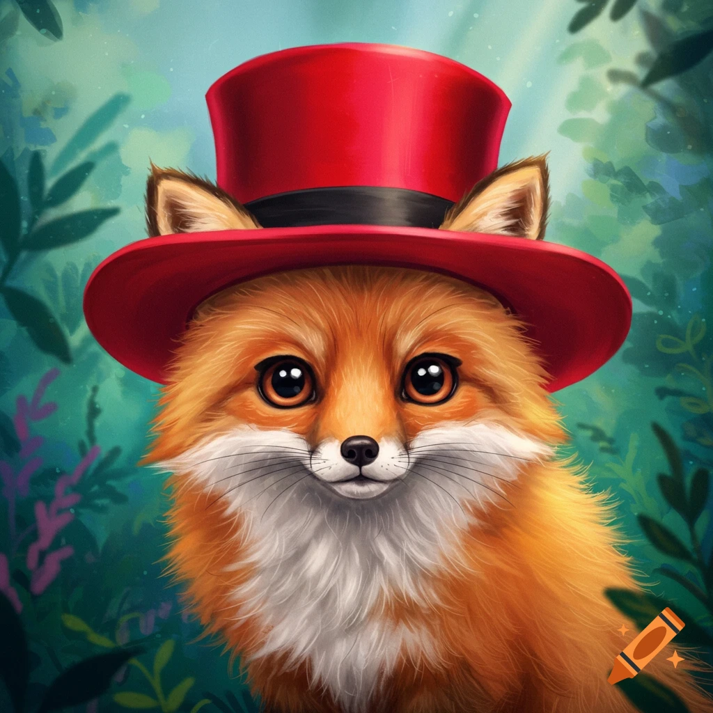 A cute fox wearing a red top hat in a lush green forest.