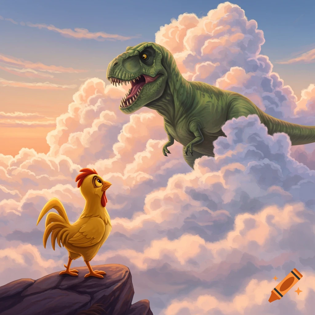 A cartoon chicken on a rock looks up at a T-Rex in pastel clouds against a sunset sky.