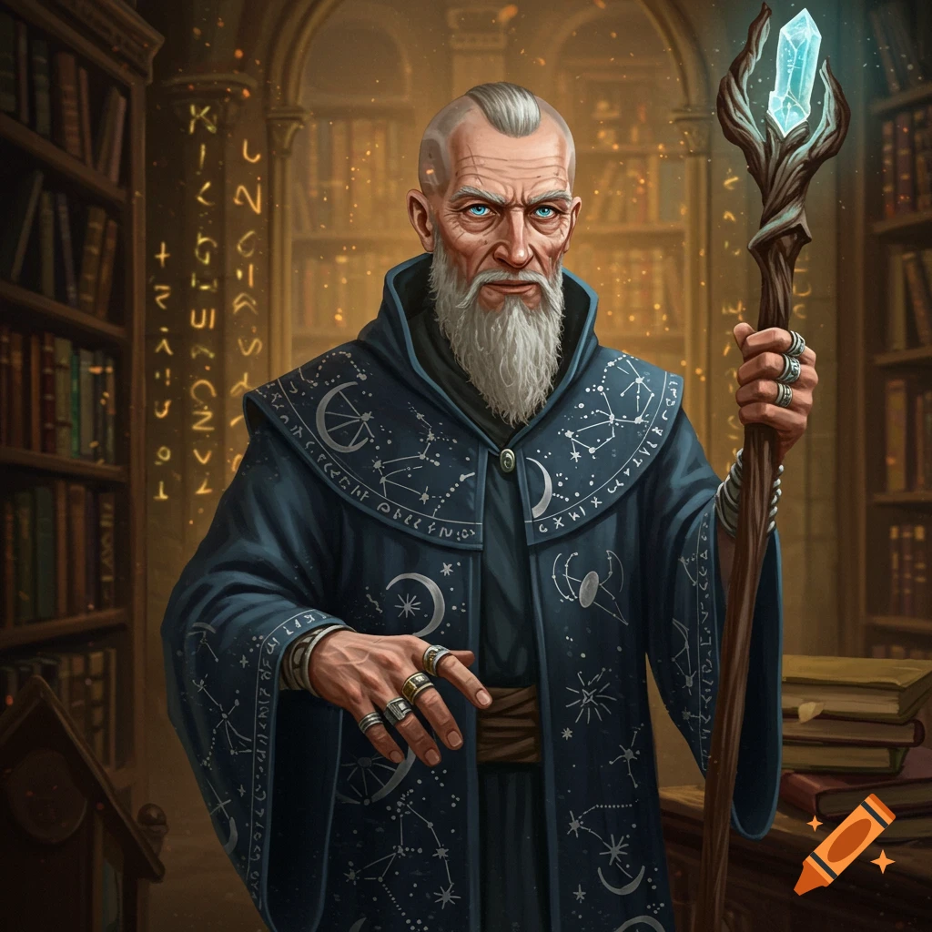 An old wizard holding a staff with a crystal in a library.