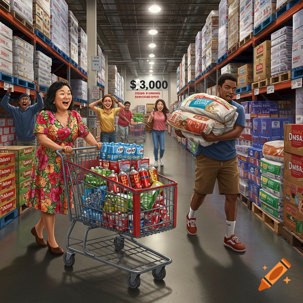 People shopping in a large warehouse store, pushing a cart full of groceries and carrying bags.