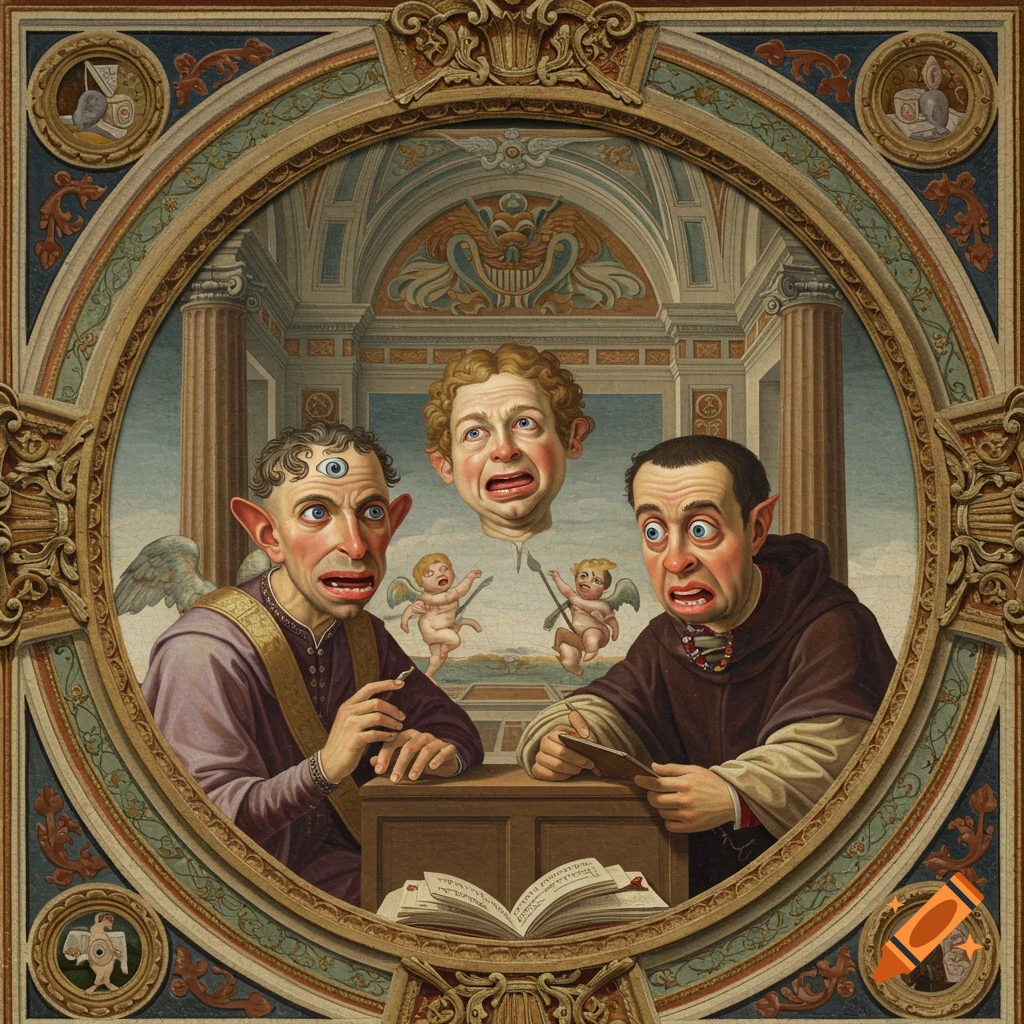 Grotesque painting of two figures and a floating head inside a building with cherubs.