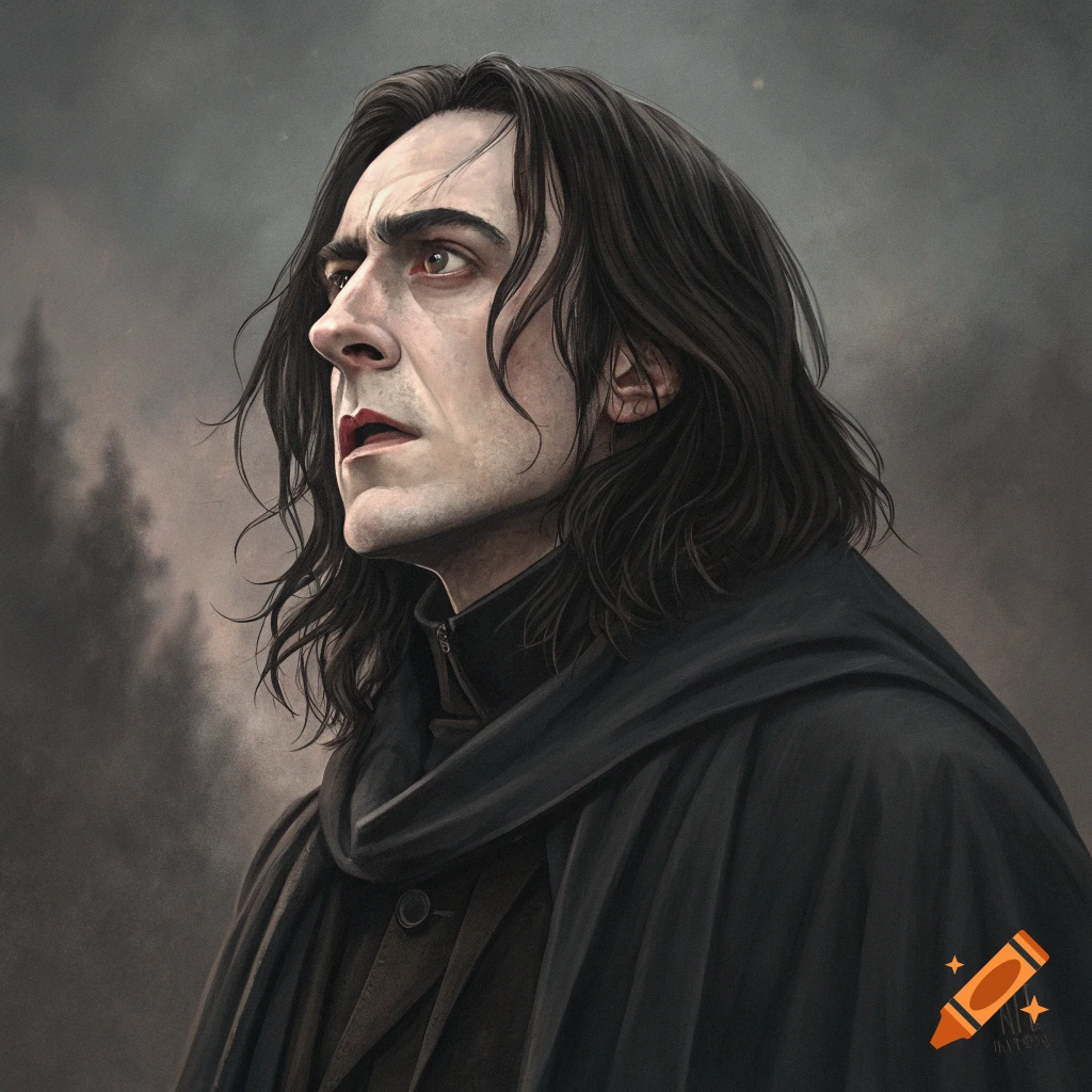 Portrait of a man with long dark hair, pale skin, and black robes looking up in a dark, moody setting.