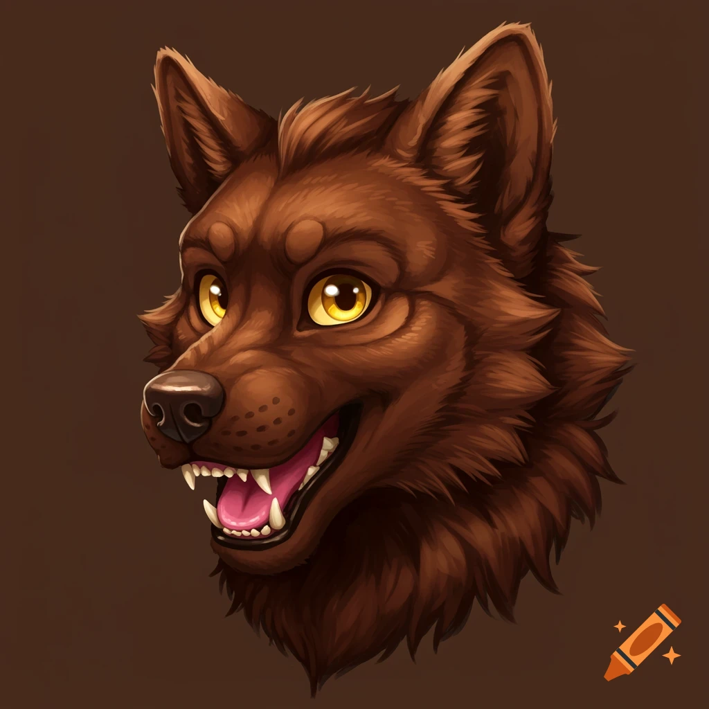 A brown werewolf head with glowing yellow eyes and open mouth.