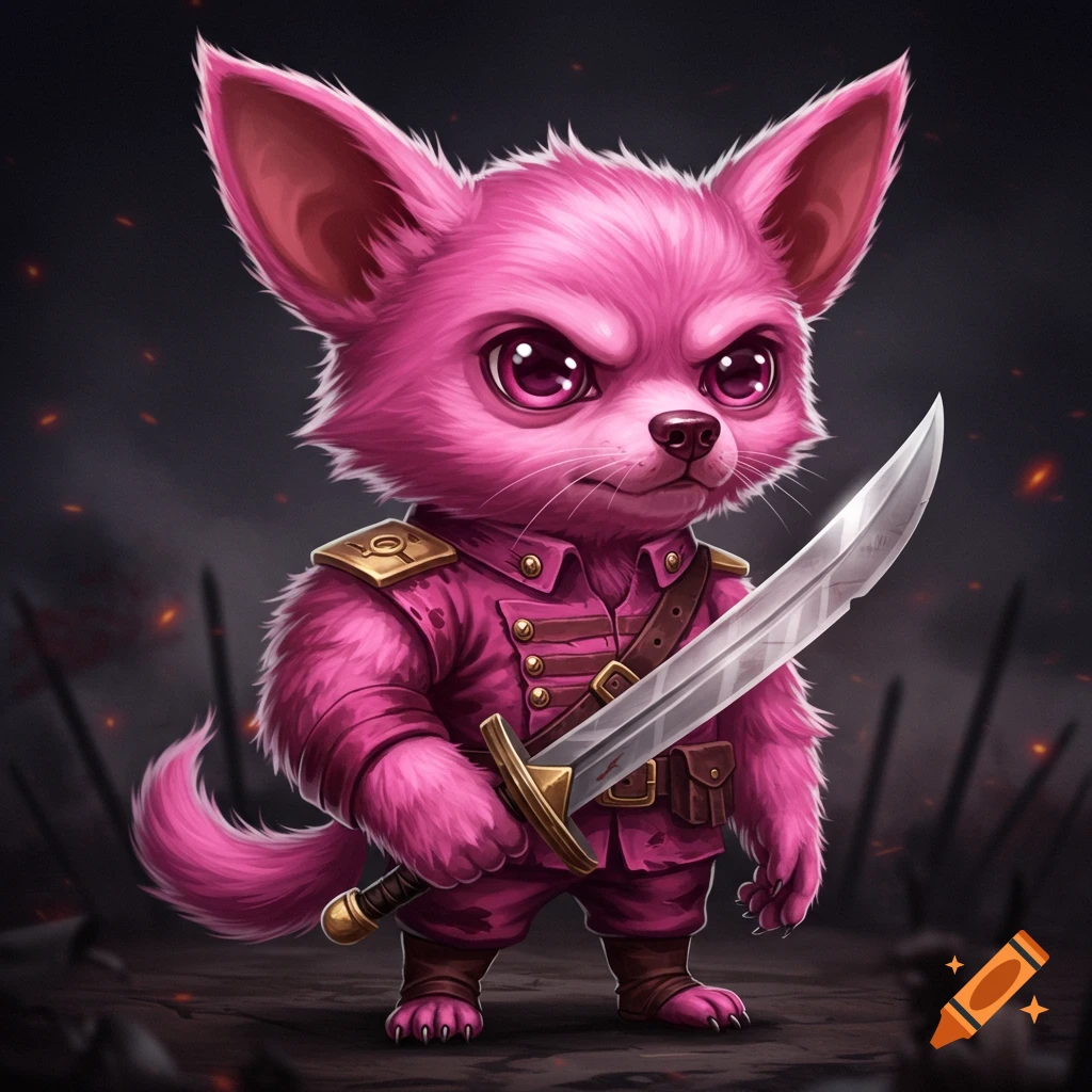 A cute pink furry creature in a military uniform holding a sword.