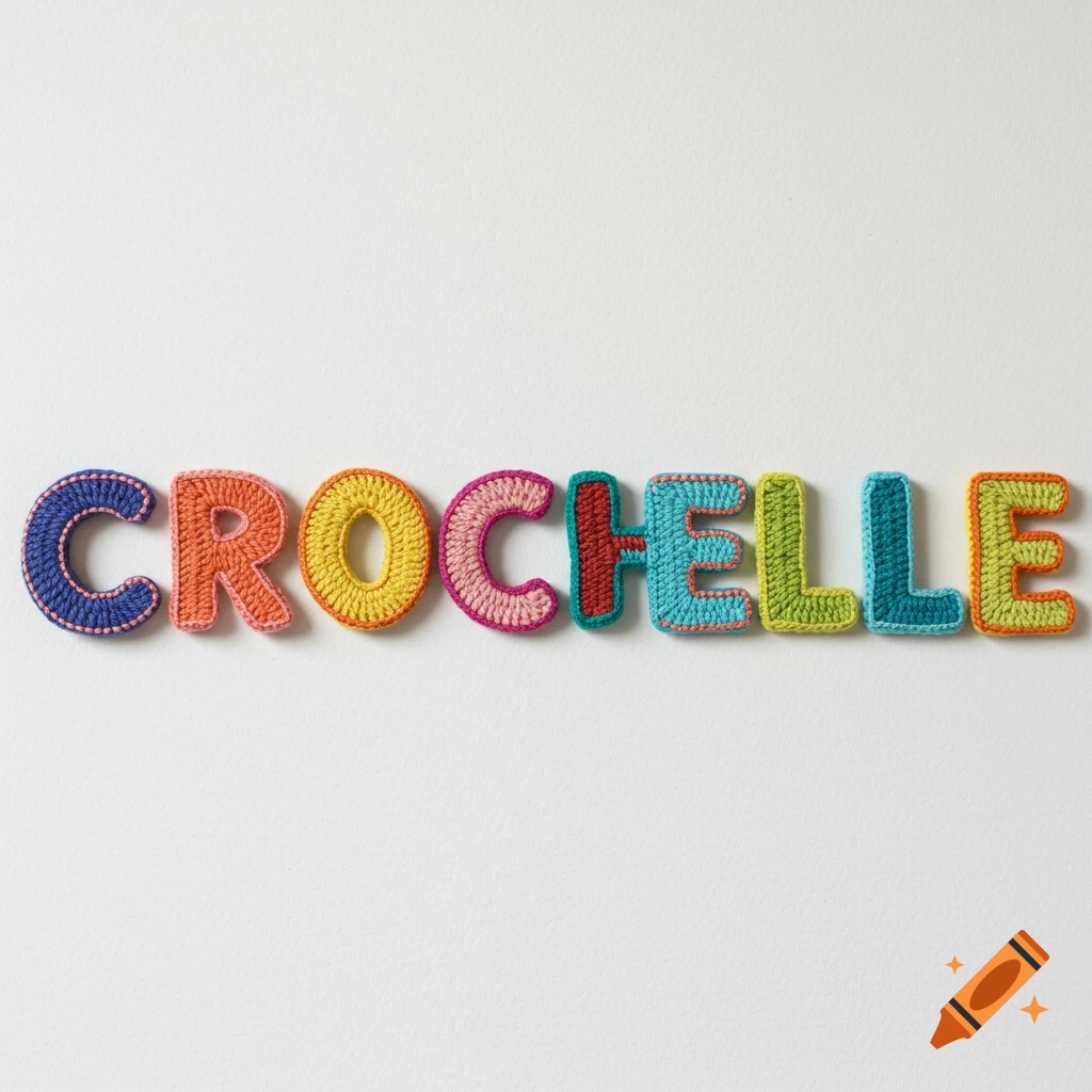 Colorful crocheted letters spell the name "CROCHELLE" on a white background.