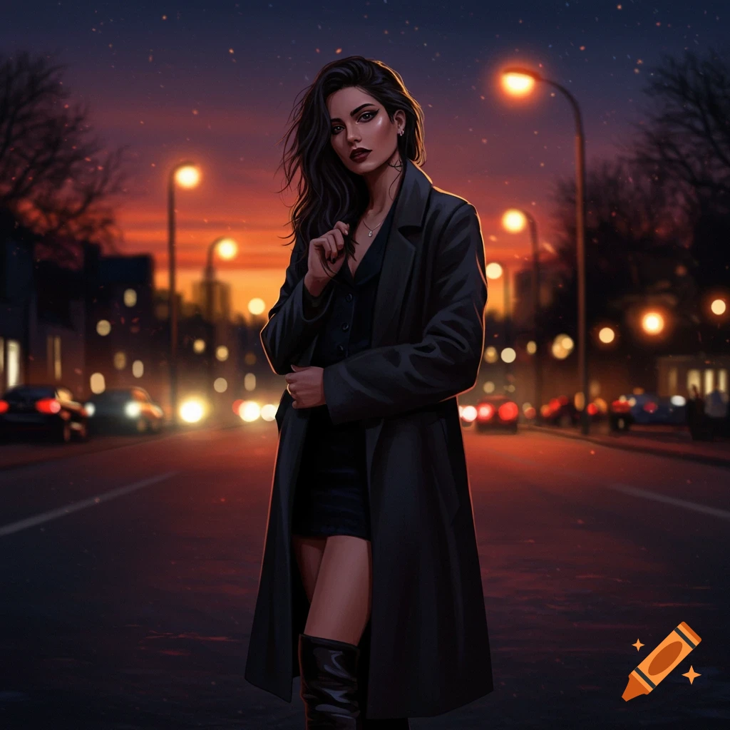 Woman in a black coat standing on an urban street at twilight