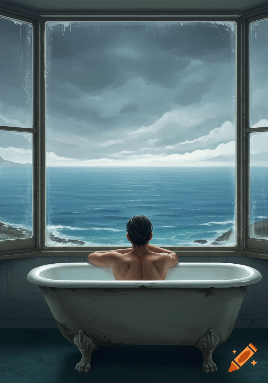 A man in a bathtub is looking out a window at the ocean.