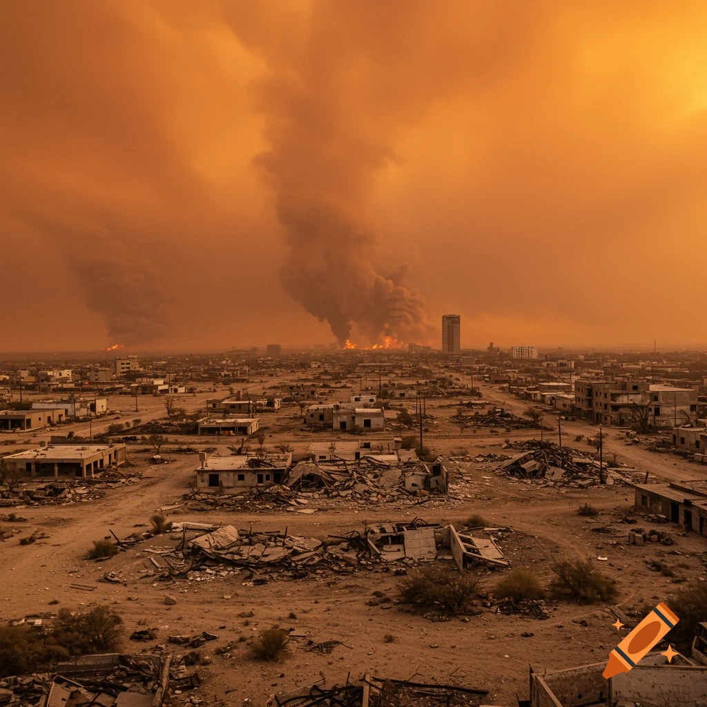 Wide landscape of a ruined city under an orange sky with large smoke plumes and distant fires.