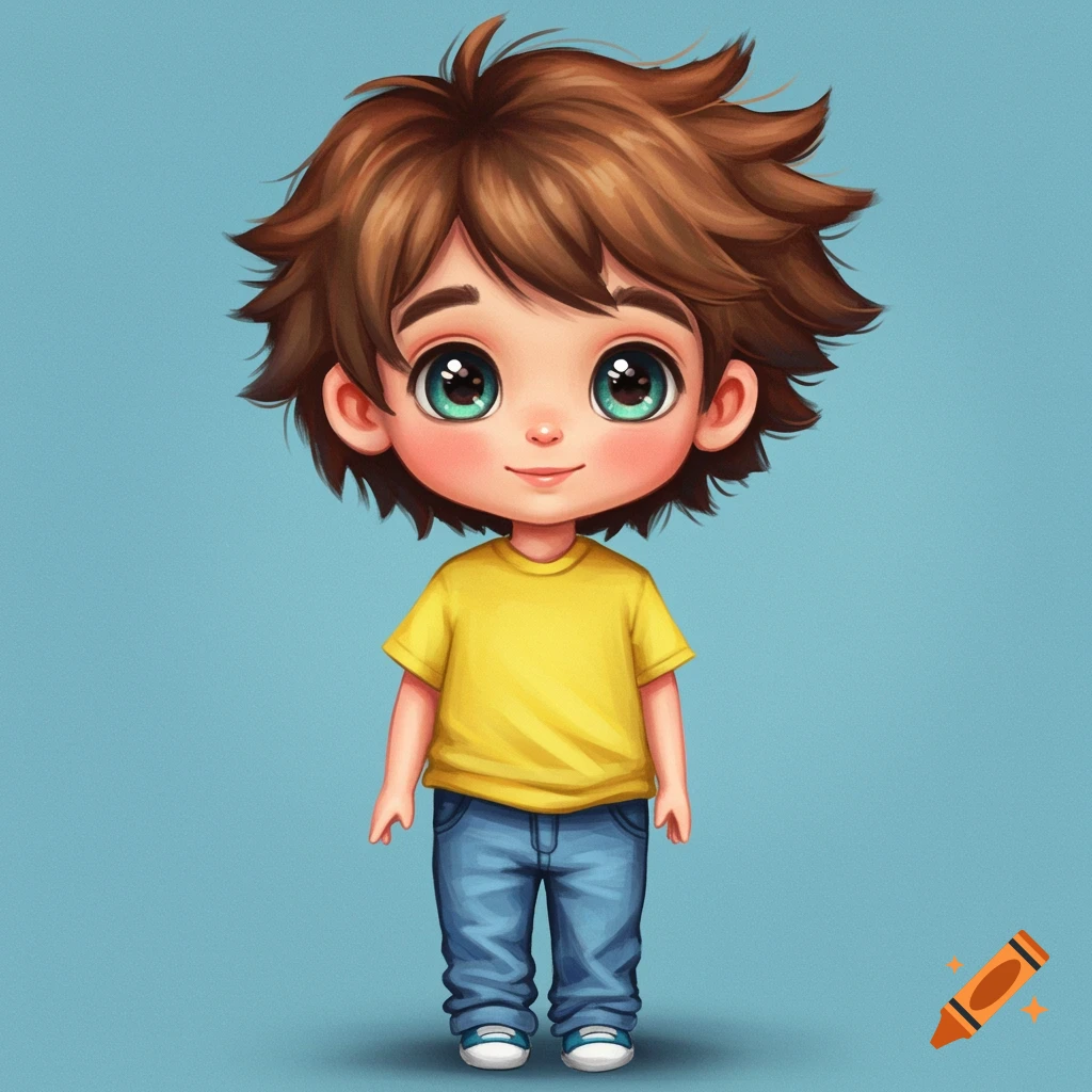A cute cartoon boy with brown hair and big green eyes wears a yellow shirt and blue jeans.
