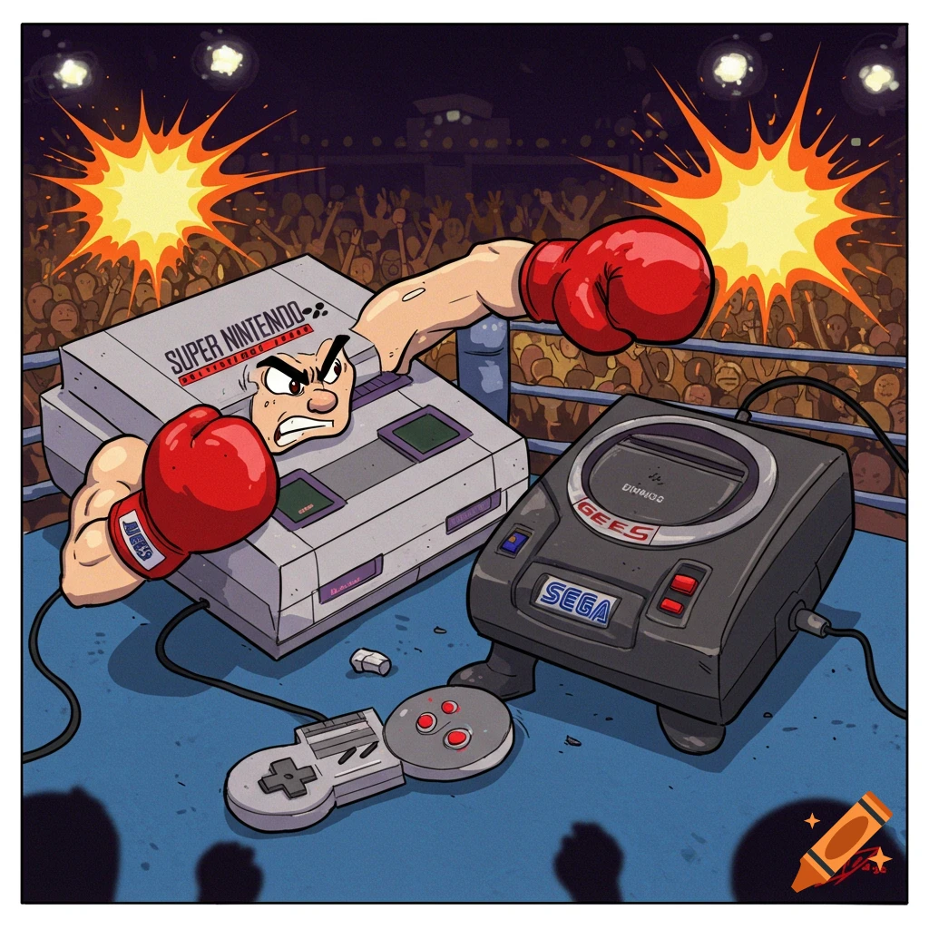 Super Nintendo and Sega Genesis consoles boxing in a ring with a crowd.