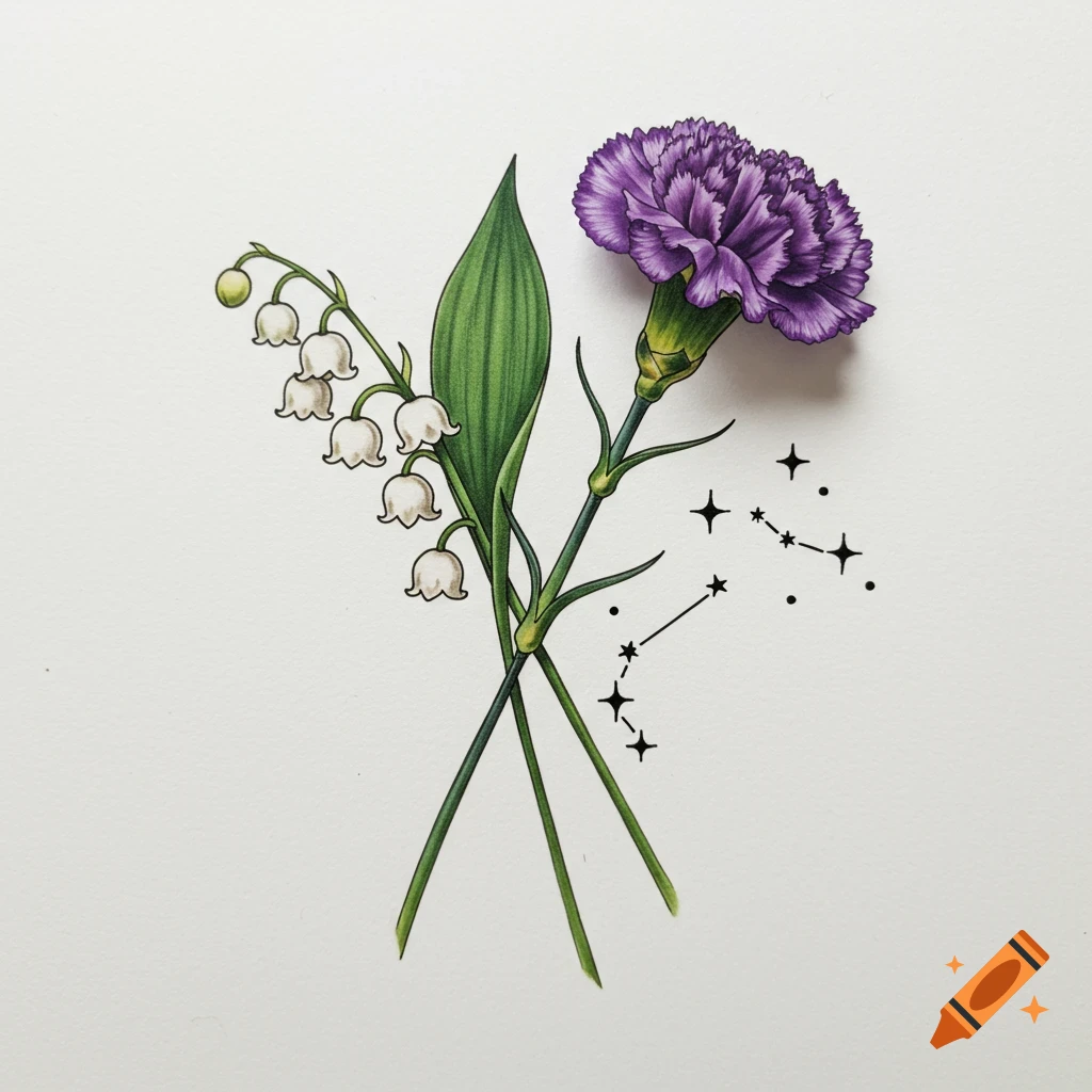 Illustration of lily of the valley, purple carnation, and constellation stars.
