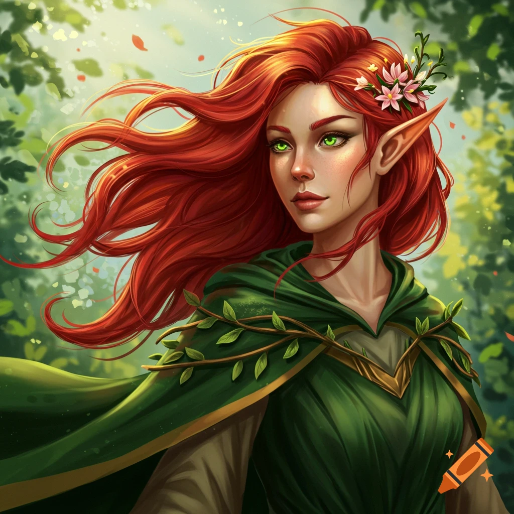 Female elf druid with red hair in a forest
