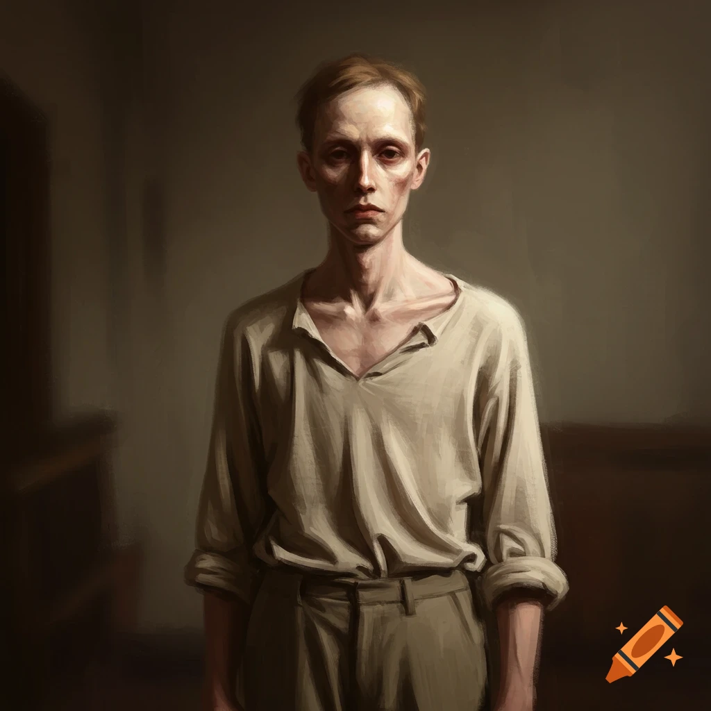 A pale, thin man stands in a dimly lit room, wearing a loose shirt.