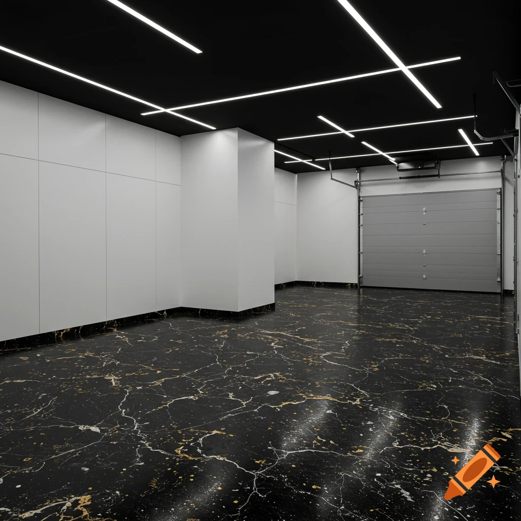 Modern empty garage with white walls, black ceiling with linear lights, grey door, and black marble floor with gold accents.