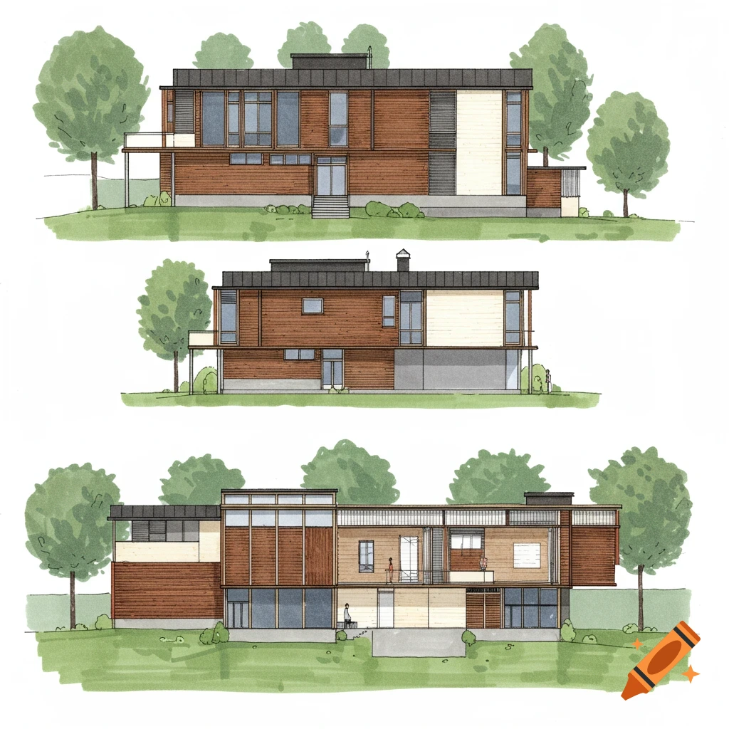 Architectural drawings showing elevations and a section view of a villa in an illustration style.