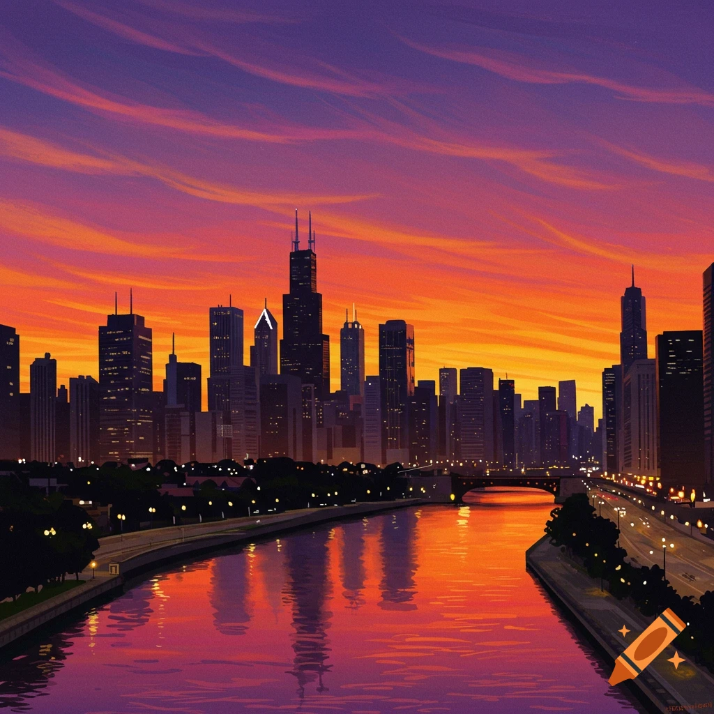 The Chicago skyline at sunset with reflections on the river.