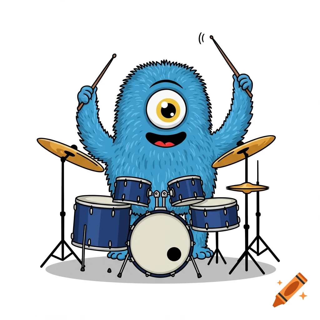 A blue one-eyed fuzzy monster plays a drum set in a vector graphic style.