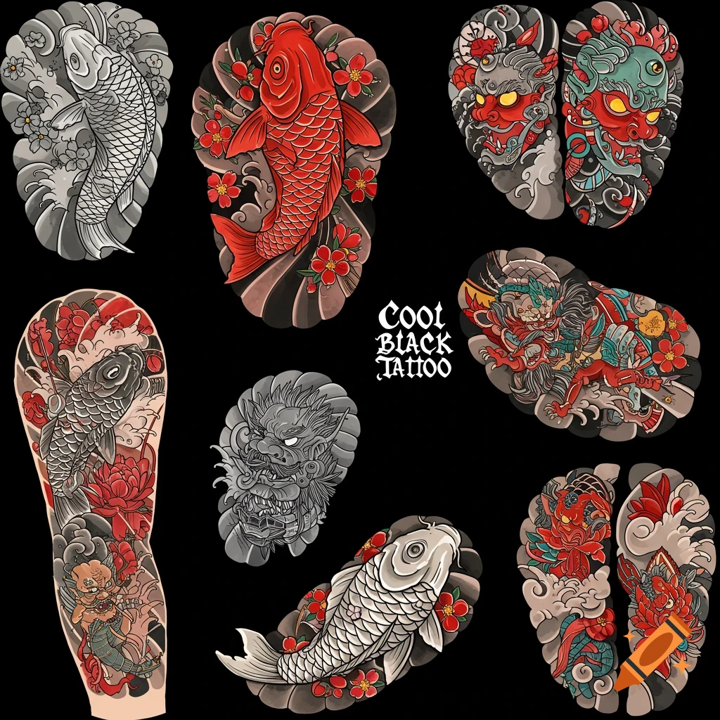 A collection of Japanese style tattoo designs featuring koi fish, dragons, and flowers in black, grey, and red.