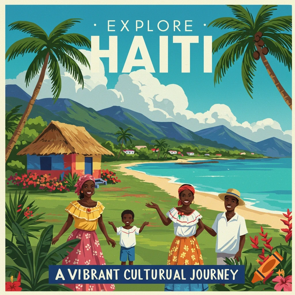 A vintage-style travel poster depicting a family on a beach in Haiti with text 'Explore Haiti'.