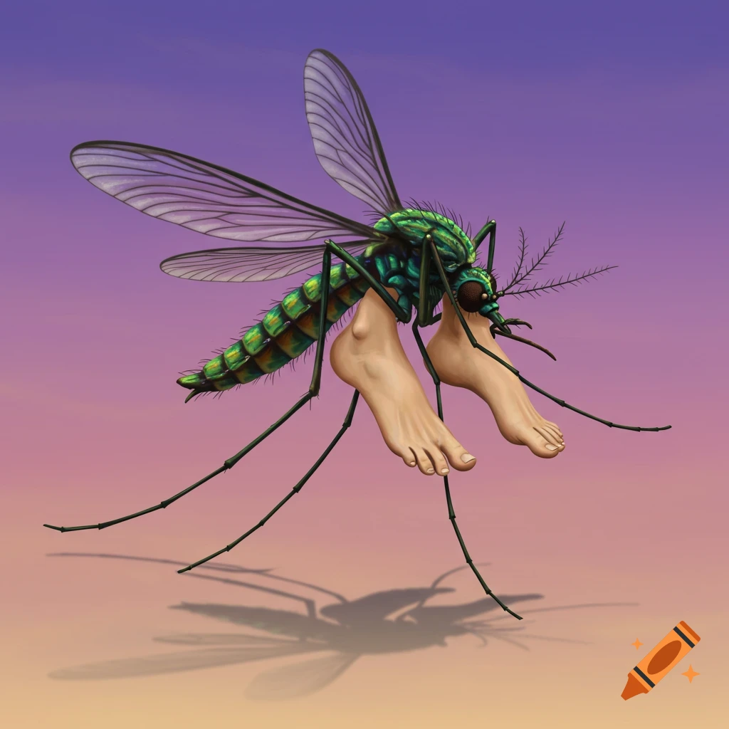 A large green mosquito flies while holding two human feet, casting a shadow below a gradient sky.