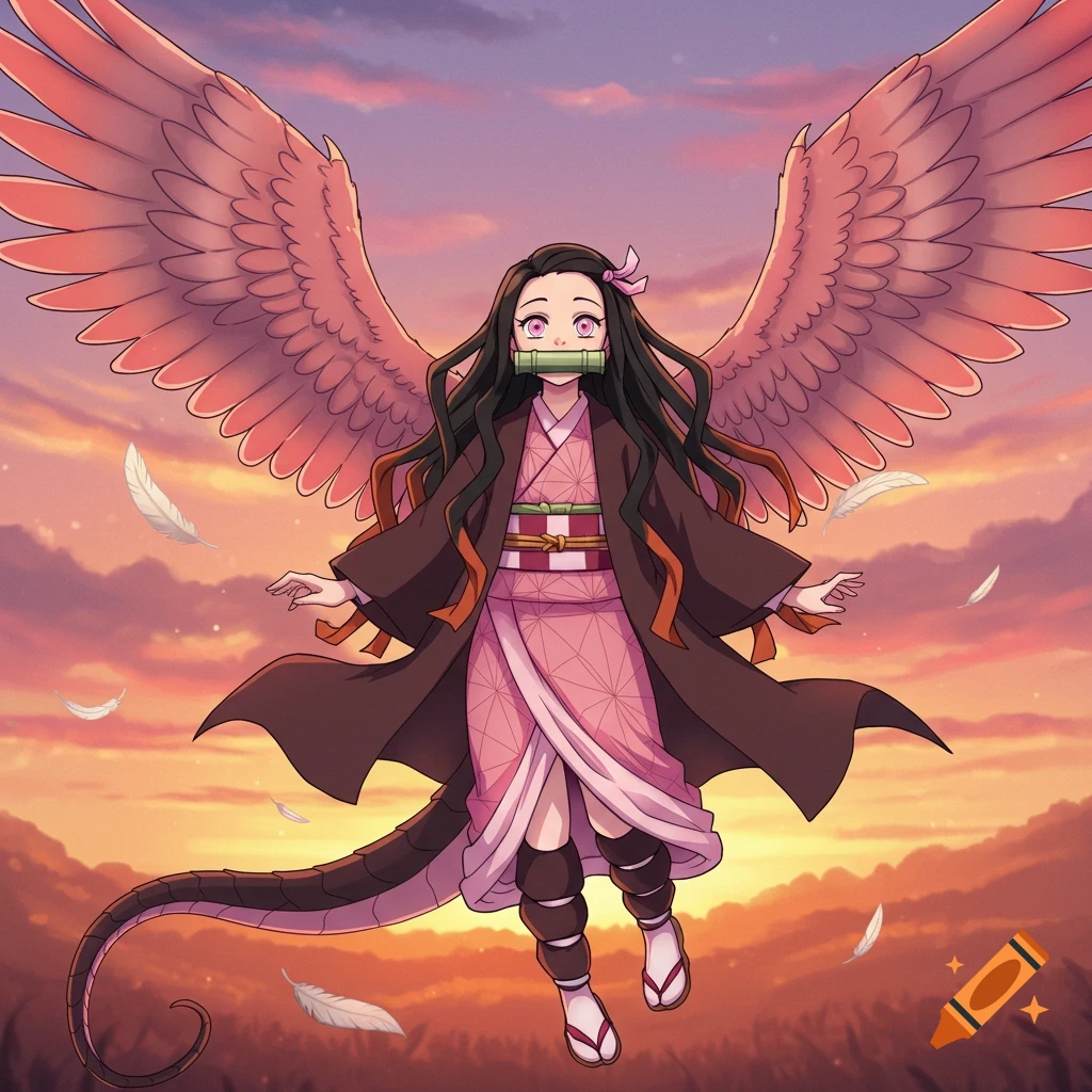 Anime girl with pink feathered wings and tail floating against a sunset sky