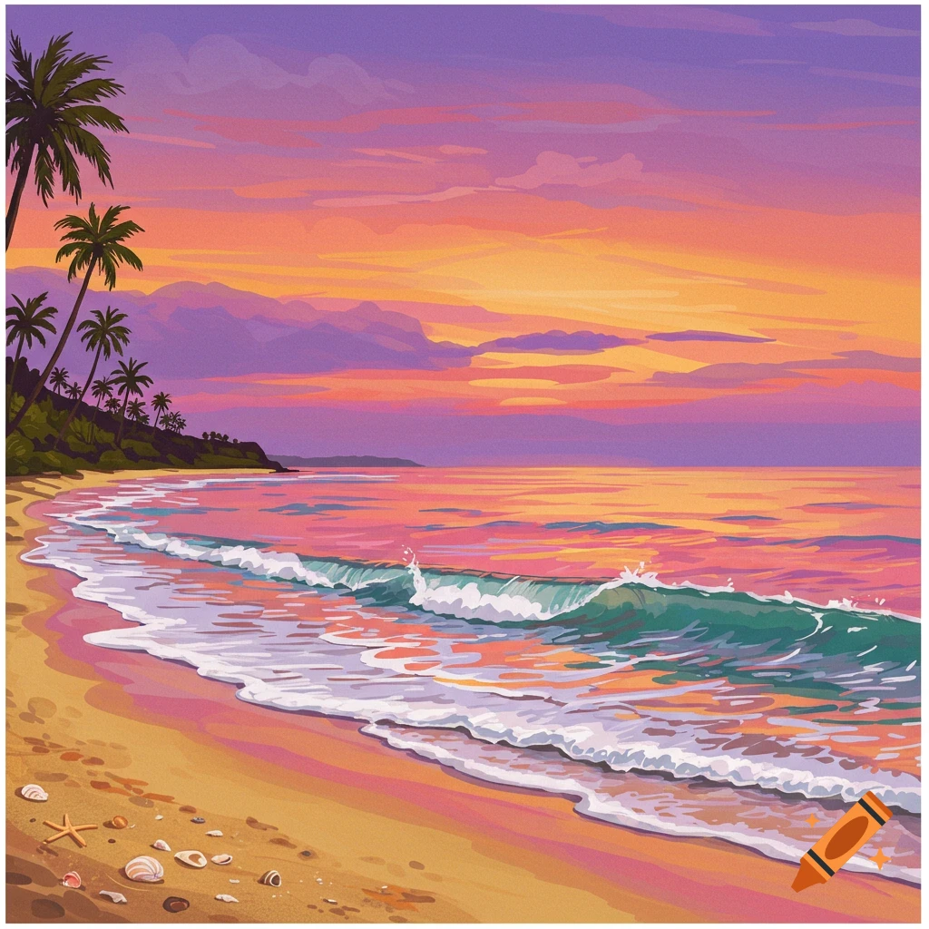 A beach at sunset with waves and palm trees.