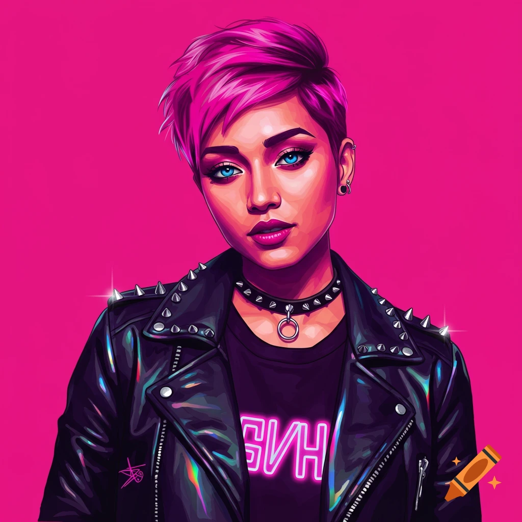 A portrait of a woman with pink hair and blue eyes wearing a studded leather jacket and collar over a t-shirt with neon text on a pink background.