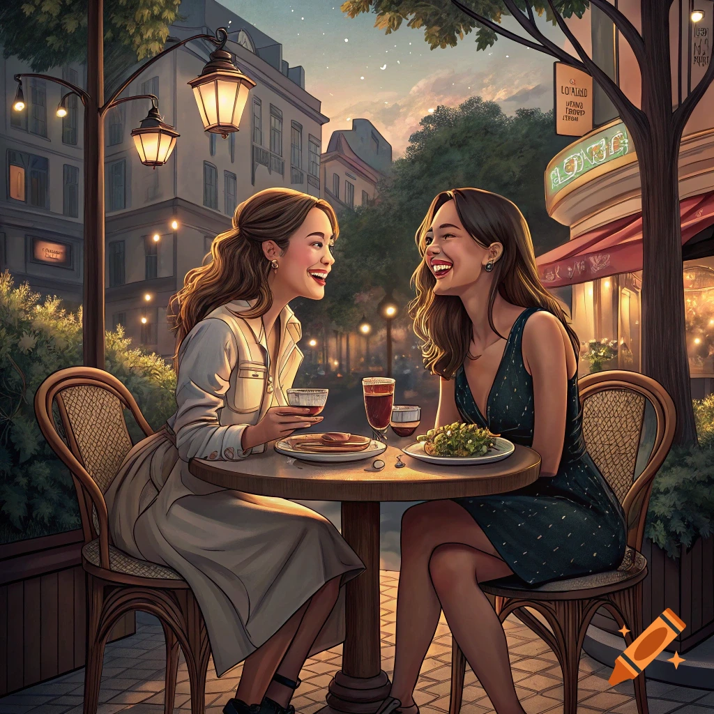 Two women laugh together while dining at an outdoor cafe in the evening.