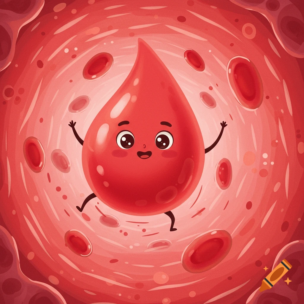 A cute cartoon blood cell character floats in a blood vessel among other red blood cells