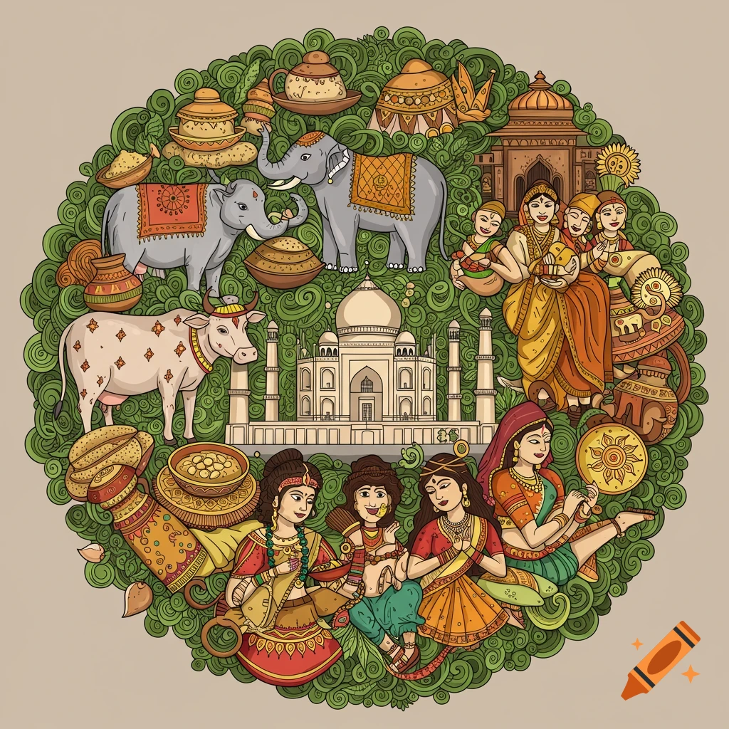 Circular illustration of Indian culture elements including Taj Mahal, elephants, cow, people, food, and motifs on a green background.
