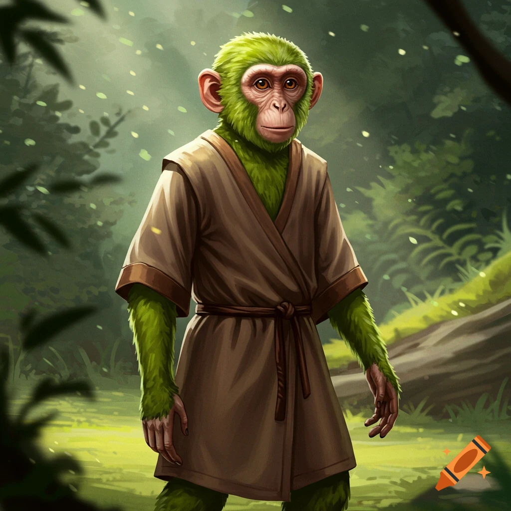 A green-furred monkey human hybrid in robes standing in a forest clearing.