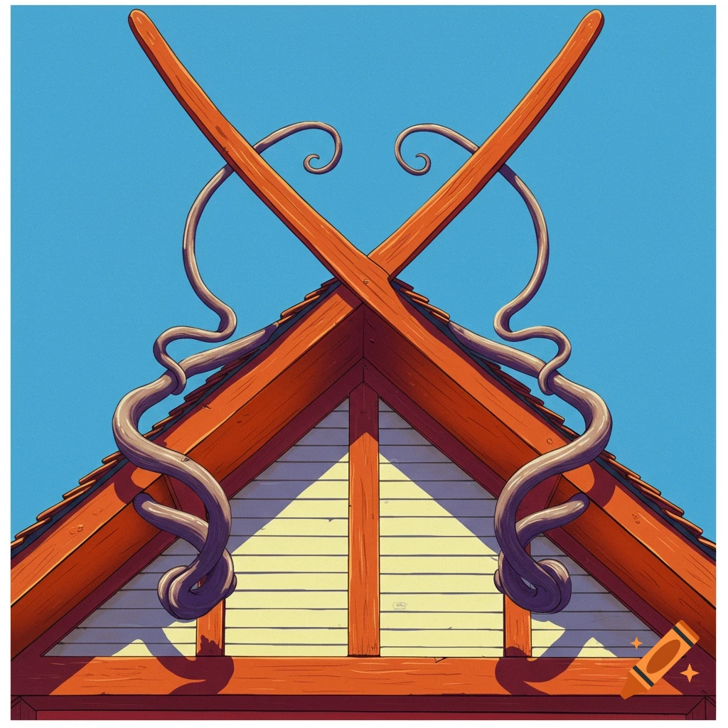 Roof gable with crossed wooden beams and spiral decorations against a blue sky.