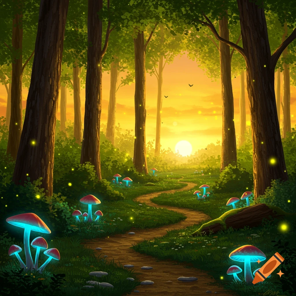 A forest path winding through glowing mushrooms and fireflies at sunset.