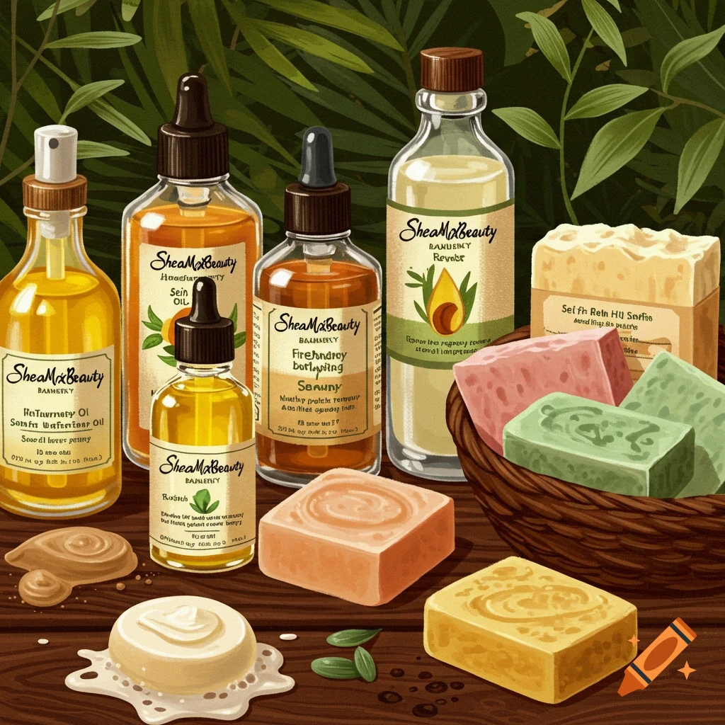 Bottles of oil and bars of soap sit on wood with a leafy background.