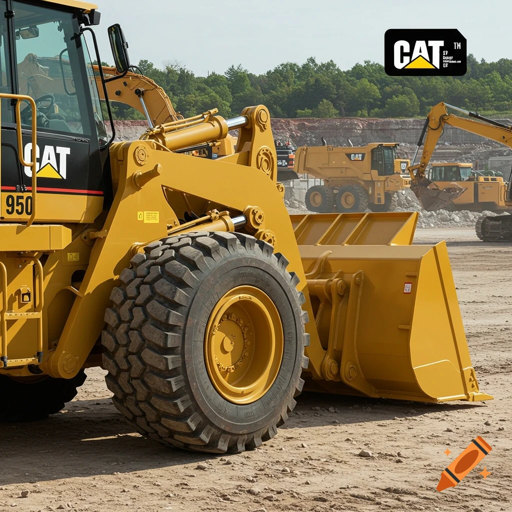 Photorealistic image of yellow Caterpillar construction equipment, including wheel loaders and excavators, at a dusty site.