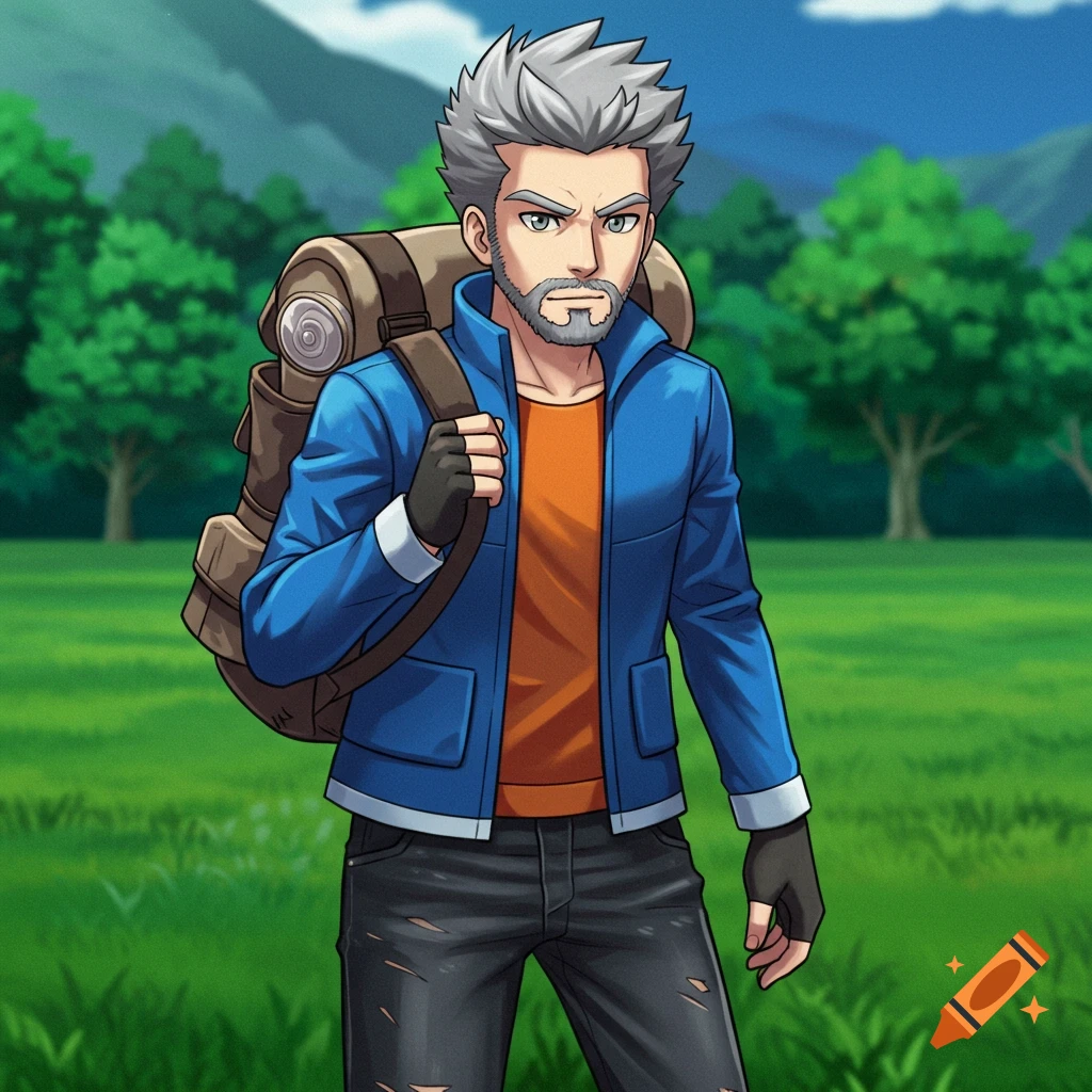 A cartoon style illustration of a man with grey hair and beard, wearing a blue jacket and backpack, standing in a green field.
