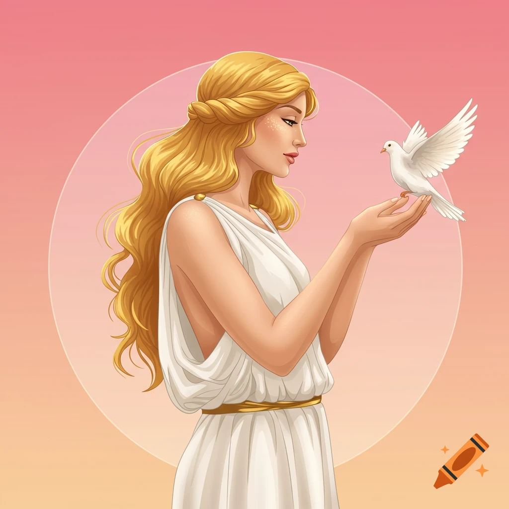 A vector illustration of a woman in a classical white dress holding a white dove.