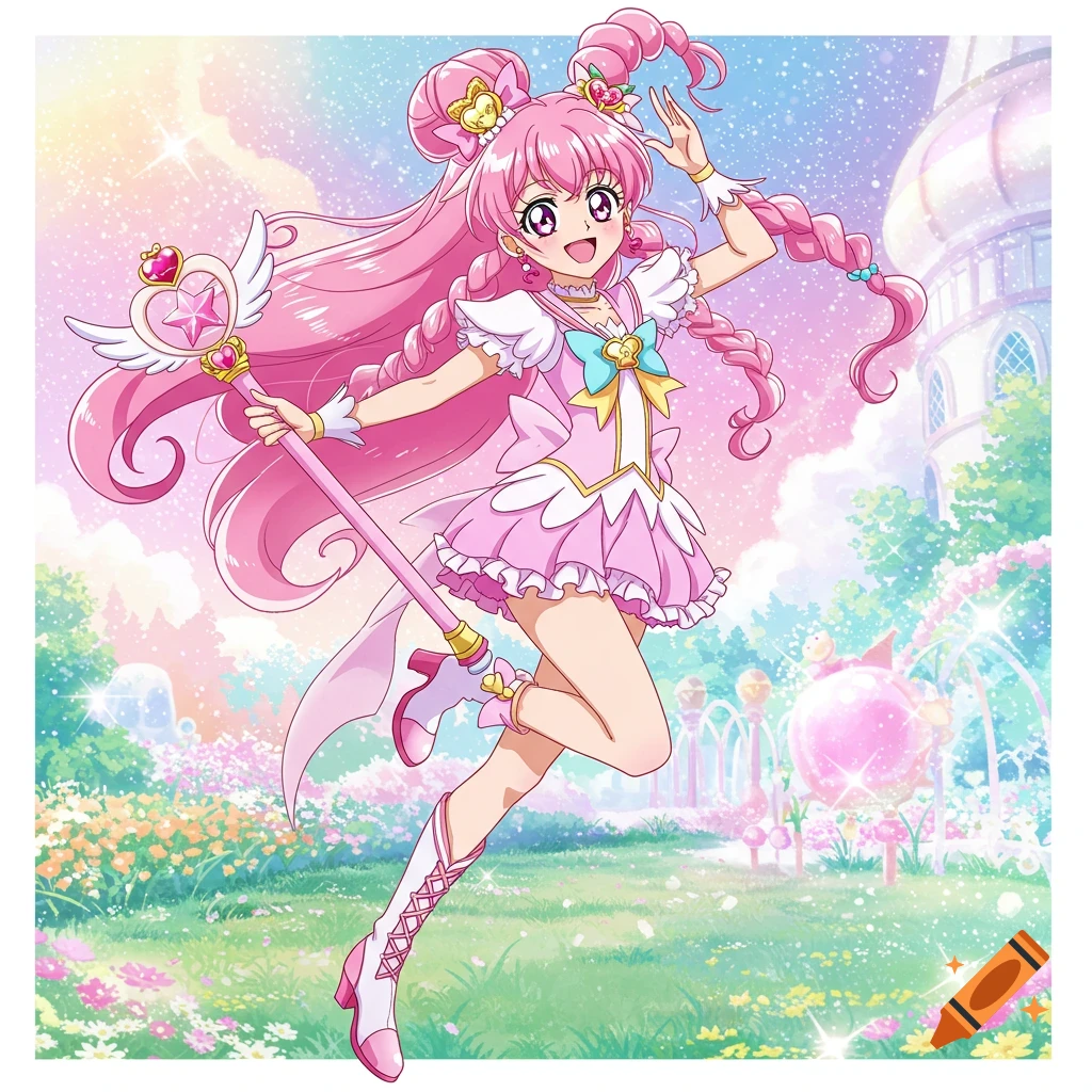 Anime magical girl with pink hair and outfit holds a staff in a bright fantasy landscape.