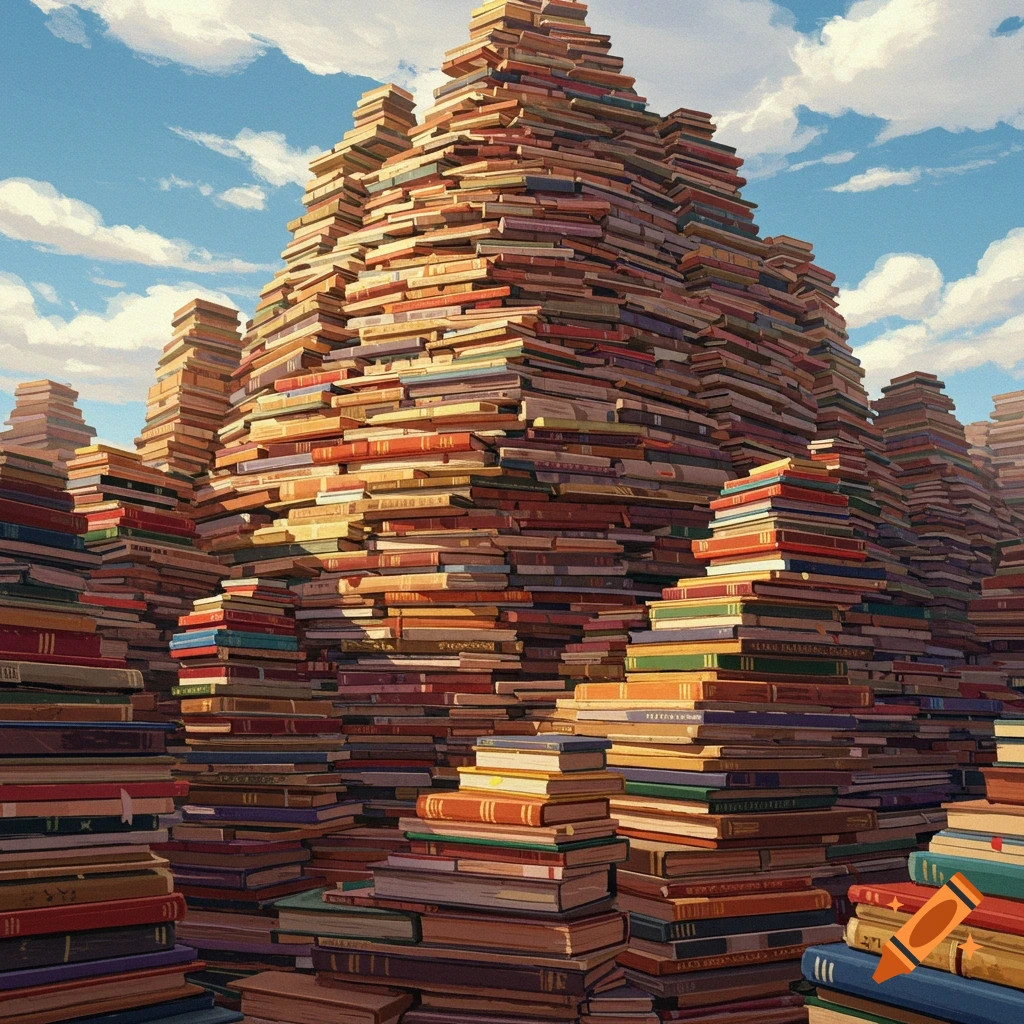 A large mountain composed entirely of stacked books under a cloudy sky.
