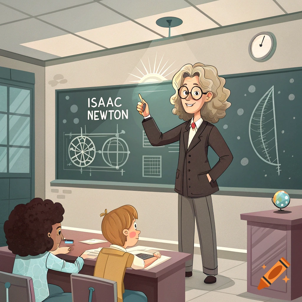 A cartoon depicts Isaac Newton, with curly grey hair and glasses, teaching science in a classroom to two students.