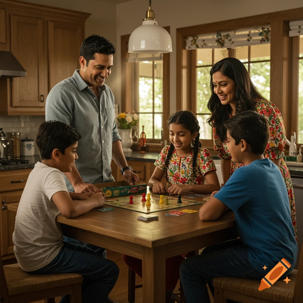 A family of four playing a board game in a warm kitchen.
