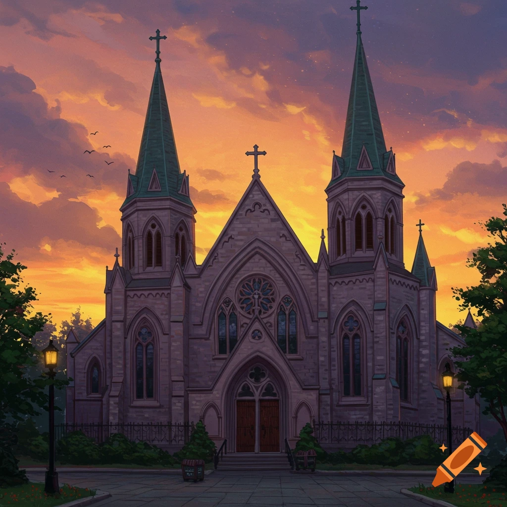 A church building against a vibrant sunset sky.