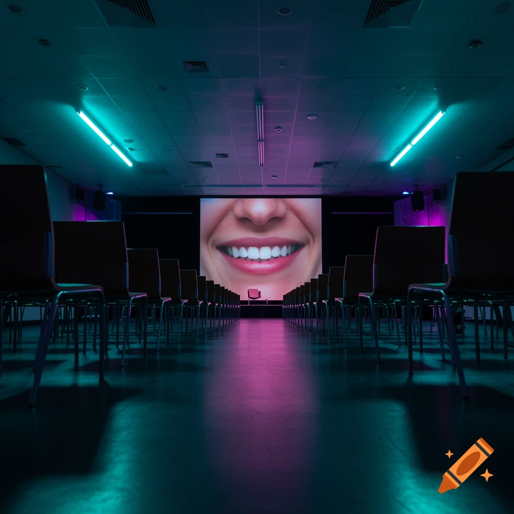 Empty lecture hall with chairs facing a screen displaying a large close-up of a smiling mouth, lit by turquoise and violet light.