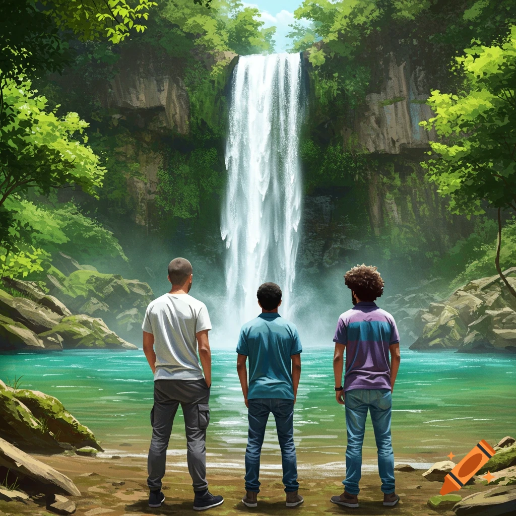 Three men stand with their backs to the camera, looking at a large waterfall in a lush jungle.
