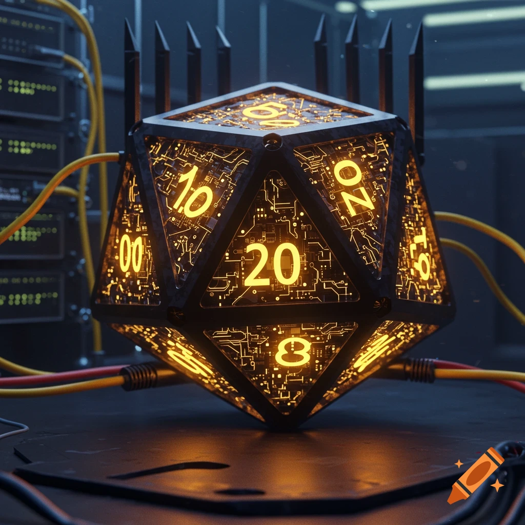 A futuristic D20 dice made of glowing circuitry, connected to wires and server racks.