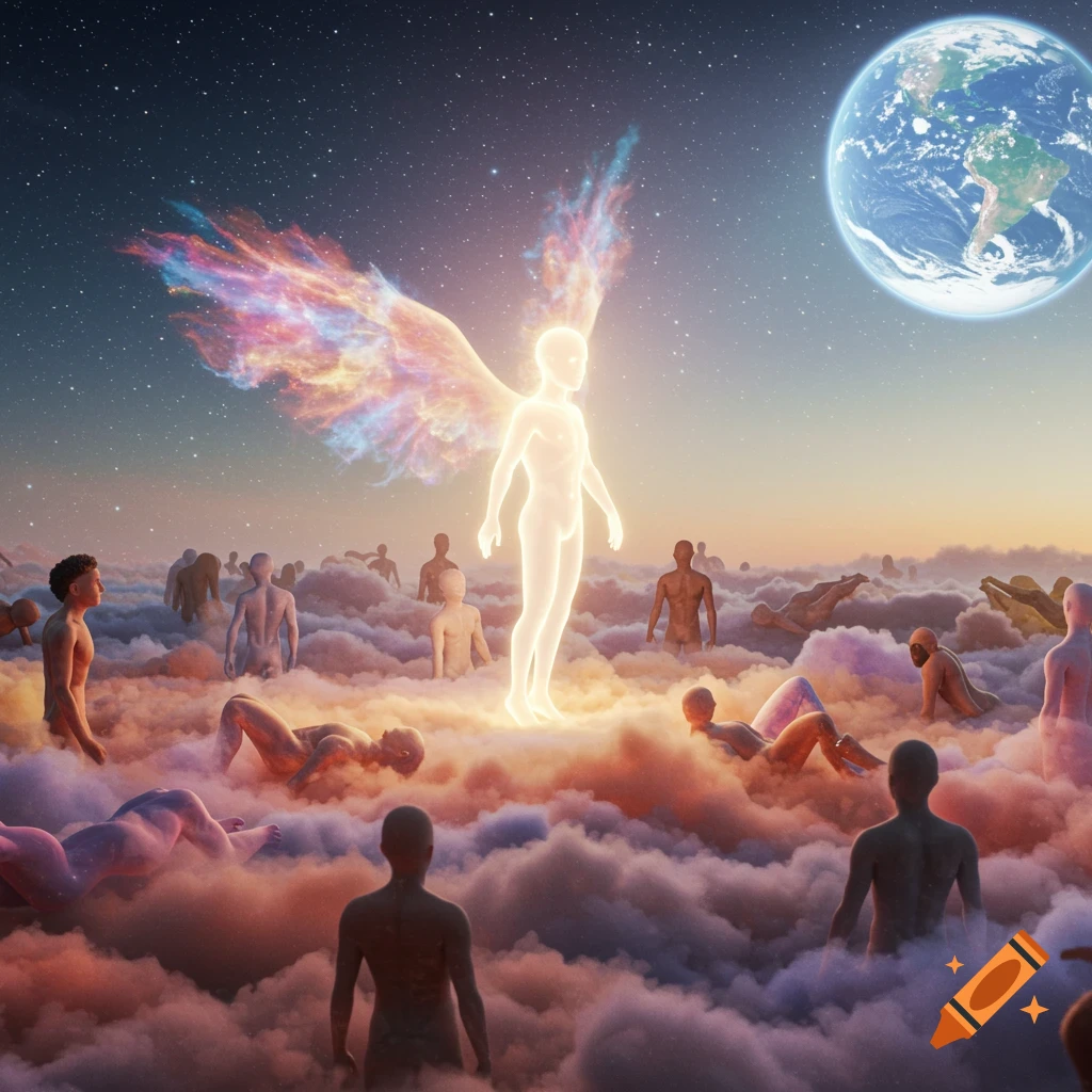 A luminous figure with glowing wings hovers over clouds filled with many ethereal bodies, with Earth and a starry sky in the background, surreal style.