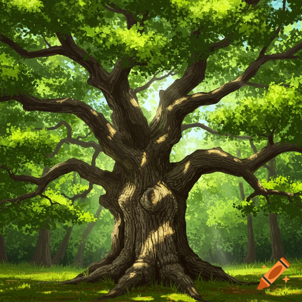 A large, ancient tree in a sunlit forest.
