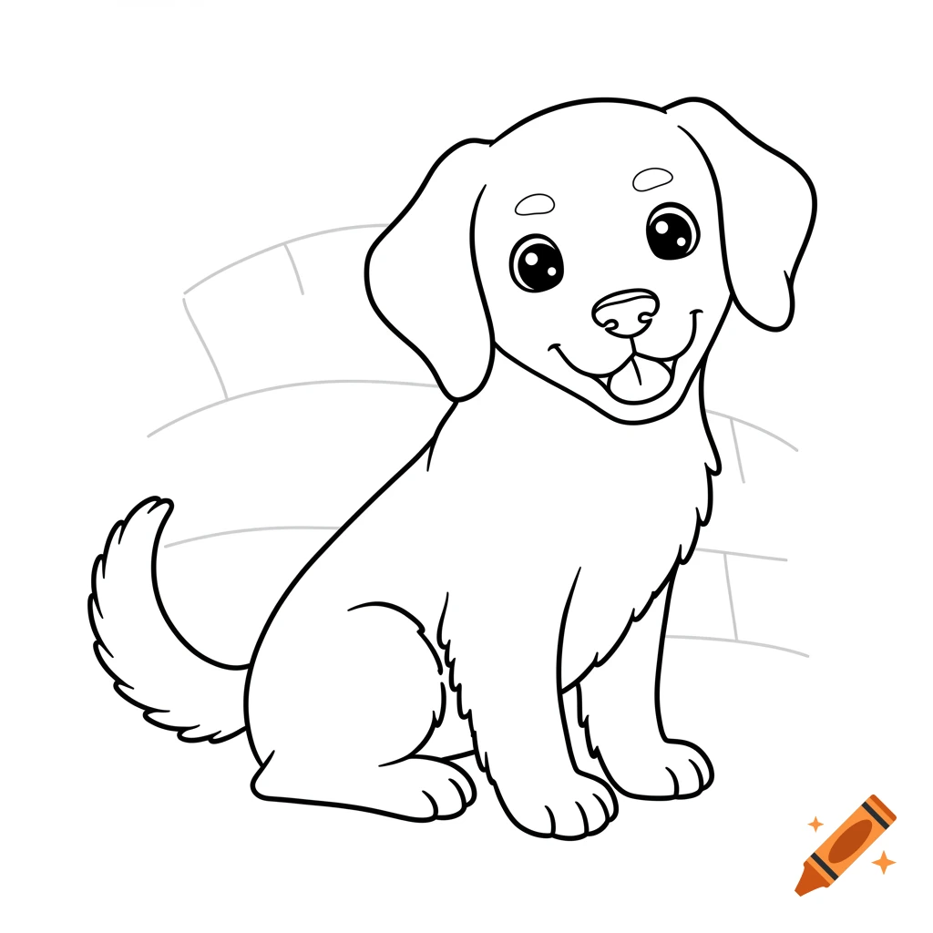 Line drawing of a sitting golden retriever puppy smiling, suitable for a coloring book.