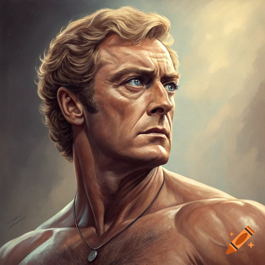 Painterly portrait of a muscular man resembling Michael Caine looking left